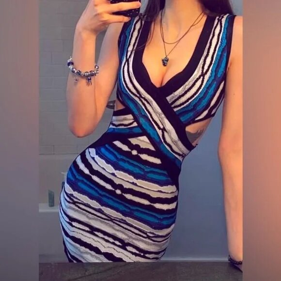 RARE - Herve Leger Neina Multicolor Pattern Dress Crisscross Abstract Bodycon - Picture 1 of 10
